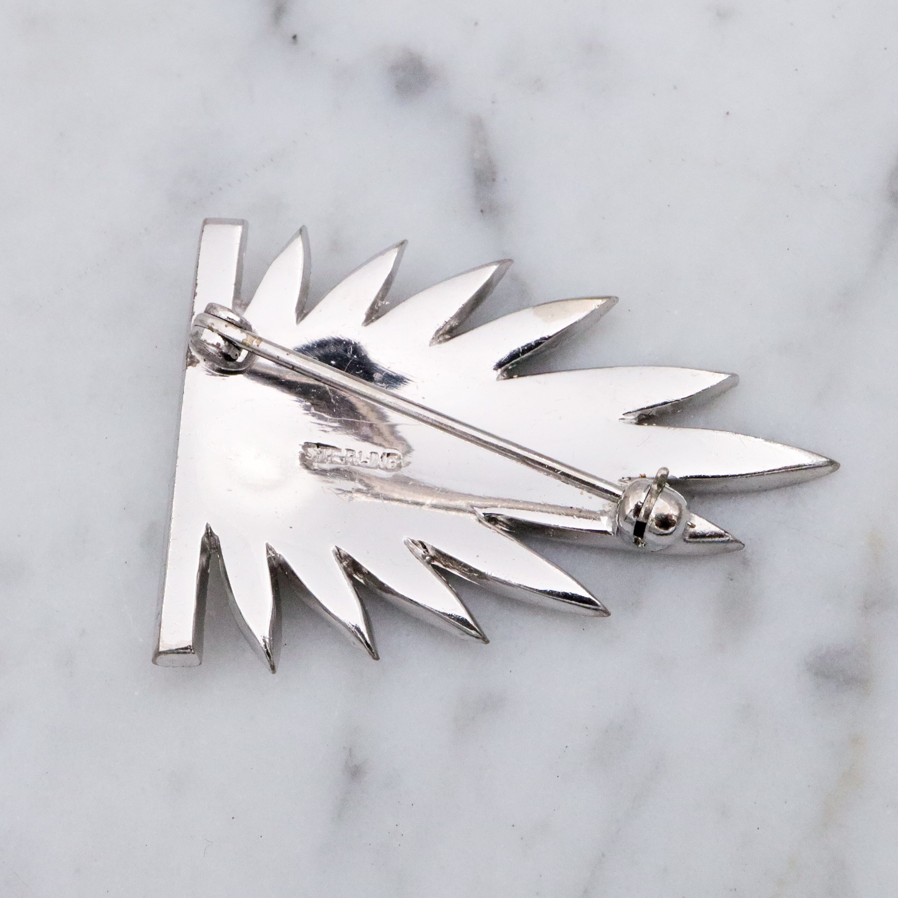 Antique Art Deco sterling marcasite leaf frond brooch